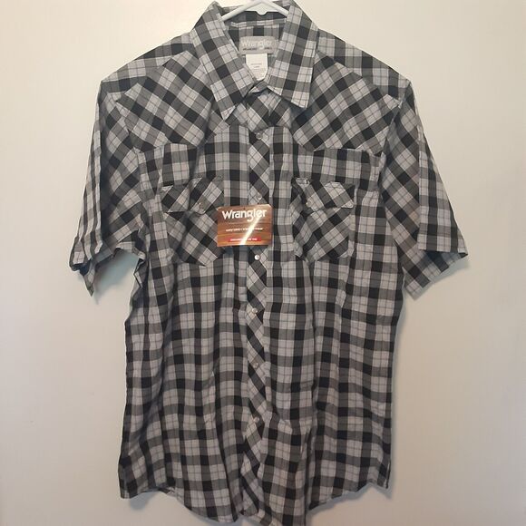 Wrangler WRancher Western Mens L Pearl Snap Short Sleeve Plaid Cowboy EUC - Picture 1 of 9